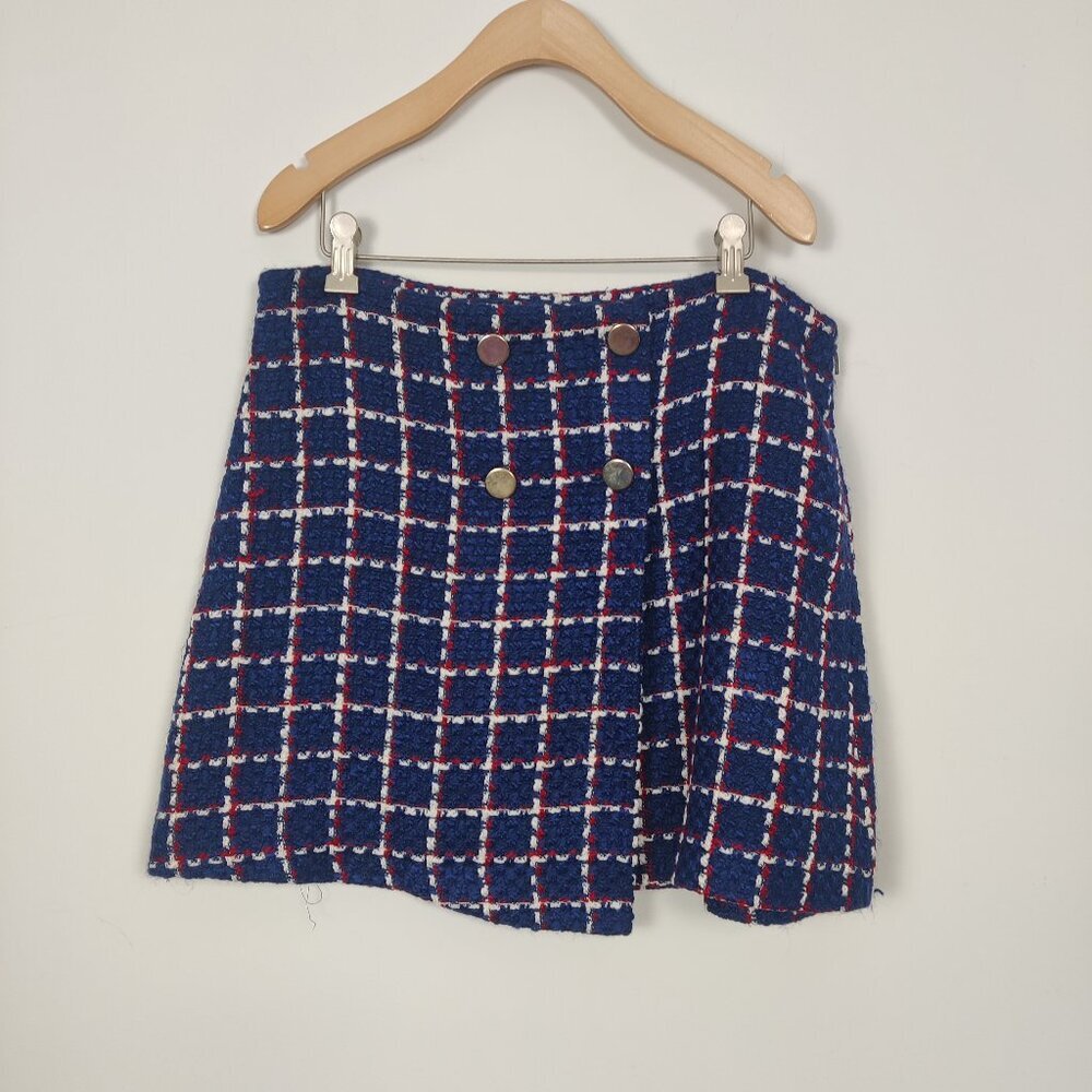 Mango Navy Blue Plaid Mini Skirt with Red and White Accents